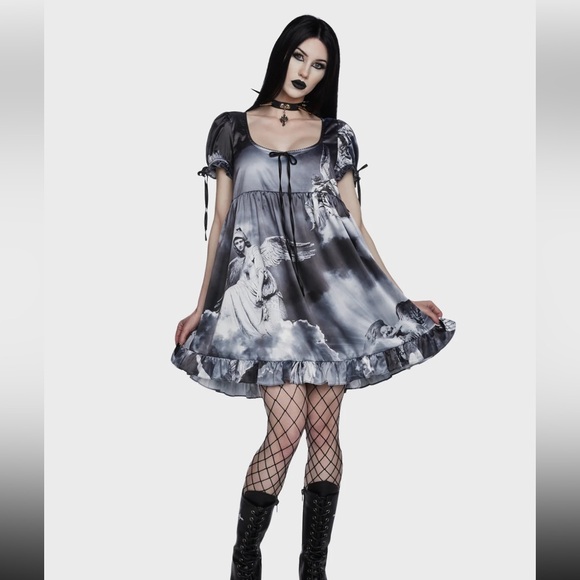 Widow X Dolls Kill Black Grayish Revenant Faces Gothic Babydoll Dress NWOT 2X - Picture 3 of 16
